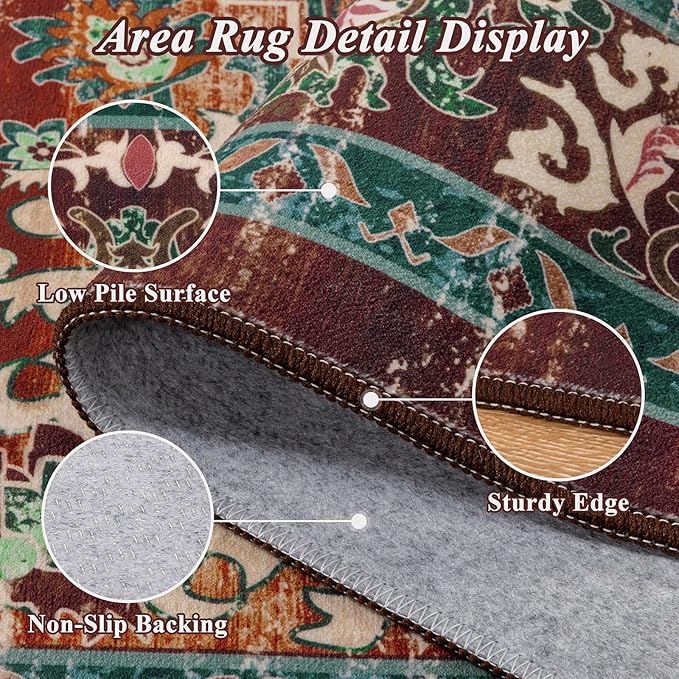 U'Artlines Boho Vintage Round Area Rug 4ft Machine Washable Low Pile Soft Floor Carpet Non Slip Non Shedding Accent Rug for Living Room Bedroom Entryway Dining Room Office Rust＆Teal