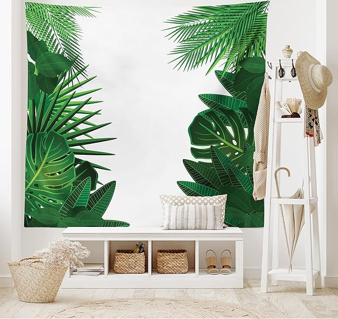 Ambesonne Leaf Tapestry King Size, Exotic Fantasy Hawaiian Tropical Palm Leaves Floral Graphic Art Print, Wall Hanging Bedspread Bed Cover Wall Decor, 104" X 88", Green White