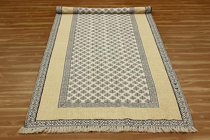 Kilim Runner 4x12 Cotton Runner Rug Beige & Black Flatweave Runner 0.19 inches Stone Easy Washable Hand Wash Cotton Carpet Indoor Outdoor Runner Rugs for Hallway, Staircases, Corridor Runner