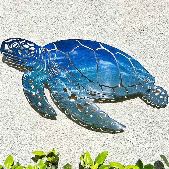 LiveInUrban Coastal Wall Art Sea Turtle Metal Wall Sculptures, Ocean Beach Themed Metal Hanging Home Decoration 15.6"x11.8"
