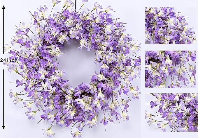 Spring Wreath for Front Door, 24 Inch Purple Forsythia Wreath for Door, Spring Wreath Blossom Cluster Flower Farmhouse on Grapevine for Festival Celebration