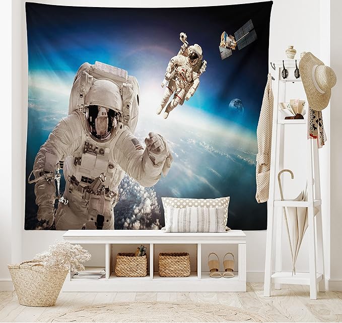 Ambesonne Outer Space Tapestry, Cosmonaut Crew in Universe Astronomy Atmosphere Astral Journey Inspired Image, Fabric Wall Hanging Decor for Bedroom Living Room Dorm, 45" X 30", Beige Blue