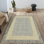 Kilim Rug 3' Square Rug Beige & Black Cotton Dhurrie Oriental Thick 0.19 inches Stone Easy Washable Rug Hand Wash Cotton Carpet Flatweave Rug Indoor Outdoor Rugs for Kitchen, Bedside, Enterway