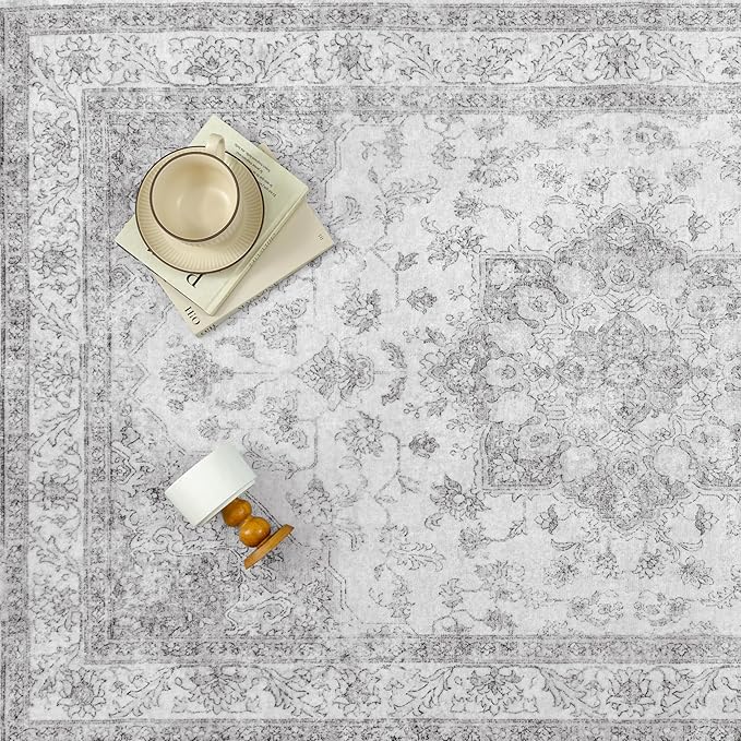 Grey Gray Area Rug 5x7 Washable Vintage Carpet for Living Room Office Soft Retro Low Pile Thin Indoor Rug Non Slip Oriental Medallion Floor Cover for Bedroom Dining Room