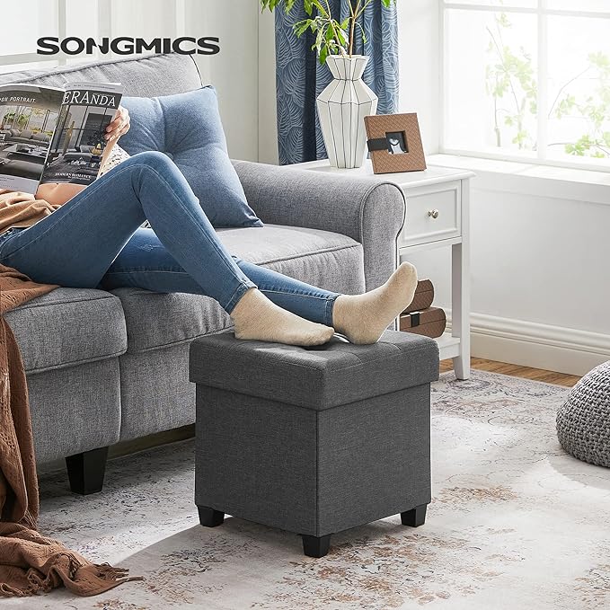 SONGMICS 15 Inches Cube Storage Ottoman, Bedroom Bench with Storage, Foot Stool with Feet, Holds Up to 660 lb, Dark Gray ULSF14GYZ