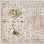 6x9 Beige Area Rug Washable Living Room Vintage Carpet Bedroom Distressed Large Non Slip Low Pile Thin Dining Room Office Medallion Accent Throw Rug