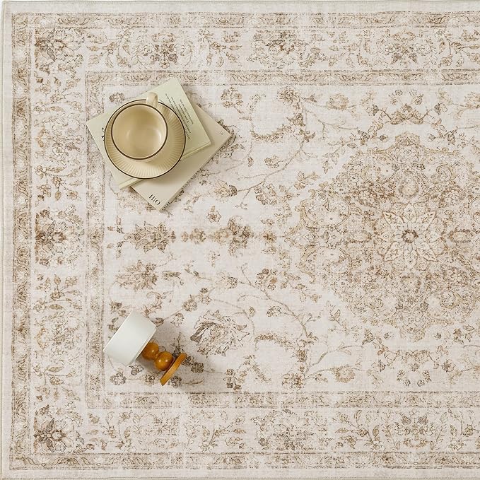 6x9 Beige Area Rug Washable Living Room Vintage Carpet Bedroom Distressed Large Non Slip Low Pile Thin Dining Room Office Medallion Accent Throw Rug