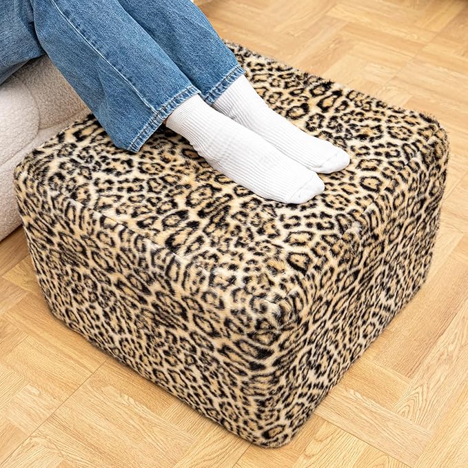 20x20x14 Inches Fluffy Square Pouf Ottoman - Plush Furry Ottoman Foot Rest Stool with High-Density Foam, Versatile Floor Seating for Living Room (Leopard Print)