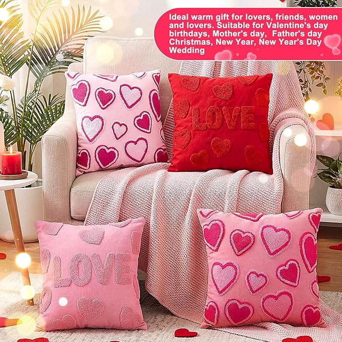 4 Pack Soft Valentines Throw Pillow Covers 18 x 18 Red Heart Square Pillow Covers with Zipper Cute Faux Fur Plush Pillows Cover for Valentines Day Sofa Bedroom Living Room