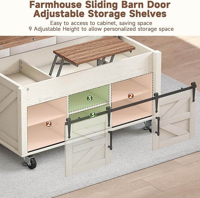 40” Farmhouse Coffee Table Bilateral Lift Top with Sliding Barn Door Movable Rustic Square Center Table with Large Hidden Storage Compartment Lifting Tabletop for Home Living Room,Office (White)