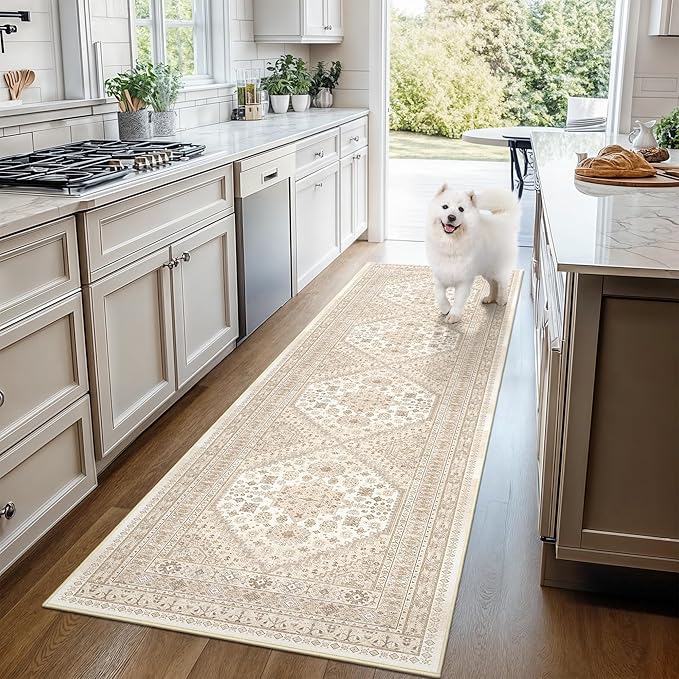 2x5 Rug Runner Washable for Entryway, Soft Bathroom Rugs with Non-Slip Backing,Vintage Low Pile Stair Runner, Small Kitchen Carpet for Hallways, Laundry Room(Cream/Beige,2'x5')