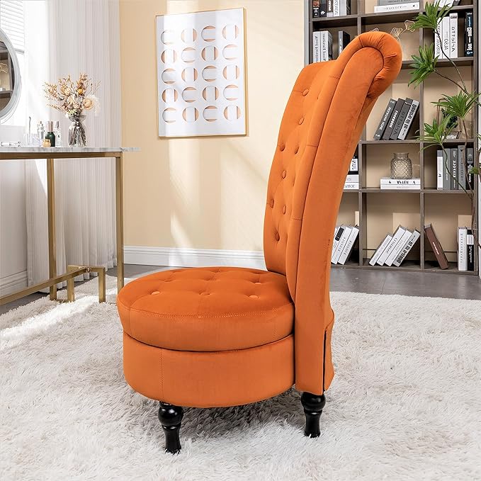 Royal High-Back Velvet Accent Chair for Vanity with Storage and Luxurious Upholstery, Retro Design and Versatile Usage for Livingroom, Bedroom, Lounge and Office, Red Orange