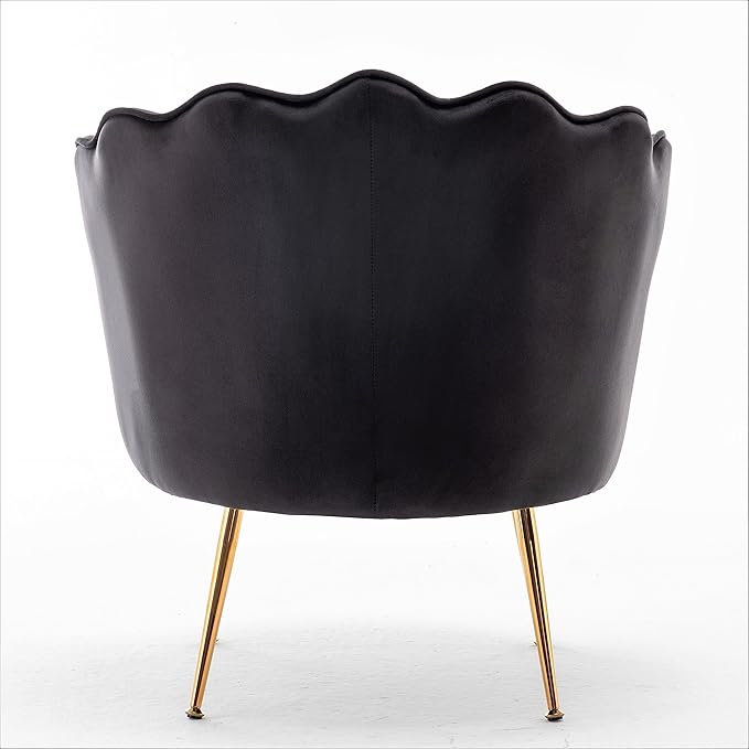 Velvet Barrel Accent Chair with Scalloped Silhouette and Gold Metal Legs, Decorative Piece Suitable for Traditional, Modern, and Contemporary Spaces, Black