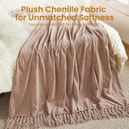 Light Taupe Chenille Throw Blanket for Couch Bed，Soft Cozy Throw Blanket with Handmade Fringe, Decorative Blanket for Sofa Chair Living Room for Gift