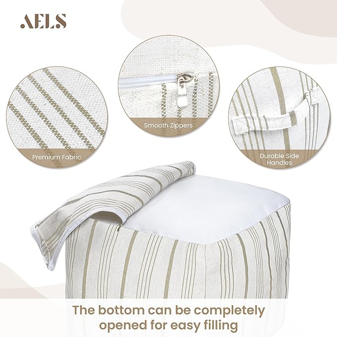 AELS Unstuffed Farmhouse Pouf Cover for Living Room, Storage Bean Bag Cubes, Off Beige & Light Brown Stripes Linen Square Ottoman Pouf Foot Rest Footstool, 18"x18"x18", Cover ONLY