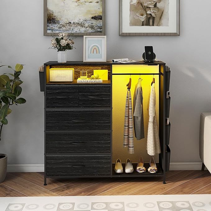 Dresser for Bedroom with Clothes Rack Side Pockets 5 Drawer Dresser with Charging Station LED Lights Black Storage Chest of Drawers for Nursery Hallway Closet Sturdy Steel Frame Wood Top