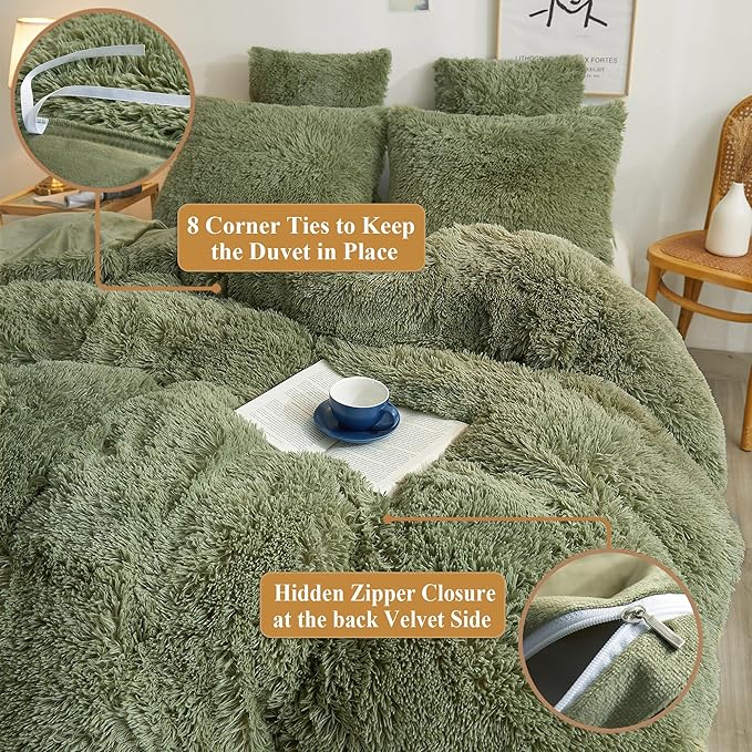 XeGe Plush Shaggy Duvet Cover Set, Luxury Soft Crystal Velvet Fluffy Furry Bedding Sets 3 Pieces(1 Faux Fur Fuzzy Comforter Cover + 2 Faux Fur Throw Pillow Shams), Zipper Closure (King, Sage Green)
