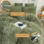 XeGe Plush Shaggy Duvet Cover Set, Luxury Soft Crystal Velvet Fluffy Furry Bedding Sets 3 Pieces(1 Faux Fur Fuzzy Comforter Cover + 2 Faux Fur Throw Pillow Shams), Zipper Closure (Queen, Sage Green)