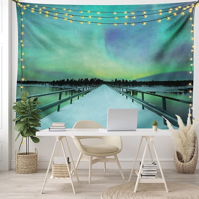 Ambesonne Aurora Borealis Tapestry, Long Mystic Sky over Bridge in Snowy Arctic Frozen River Image, Fabric Wall Hanging Decor for Bedroom Living Room Dorm, 45" X 30", Lime Green Petrol Blue