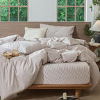 MooMee Striped Duvet Cover Set 100% Washed Cotton Linen Like Textured Breathable Durable Soft Comfy (Orange Pinstripes, Super Queen 90"x98")