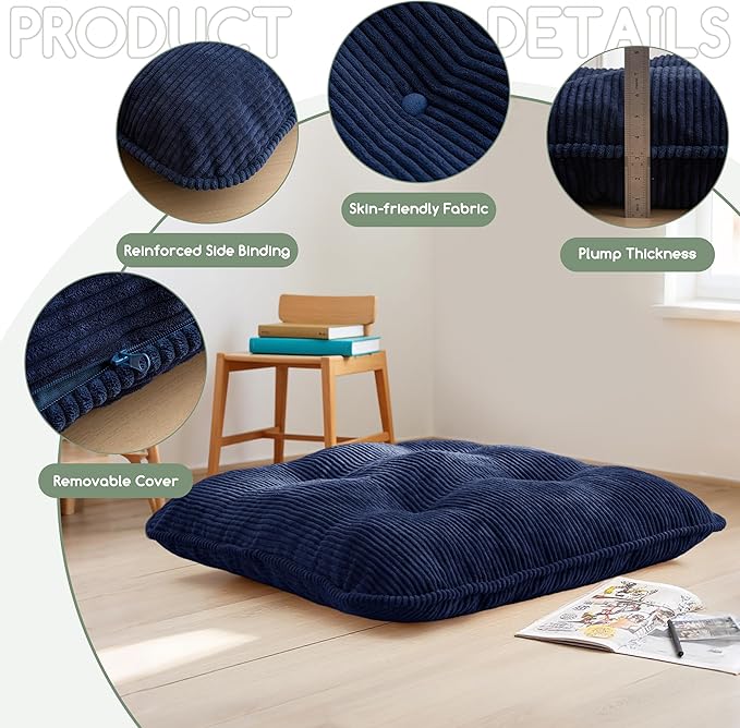 35" Washable Floor Pillow Cushion for Adults, Meditation Cushion Pillow, Extra Large Square Floor Sitting, Removable Tufted Corduroy Cover, for Tatami Living Room or Yoga, Navy, Machine Washable
