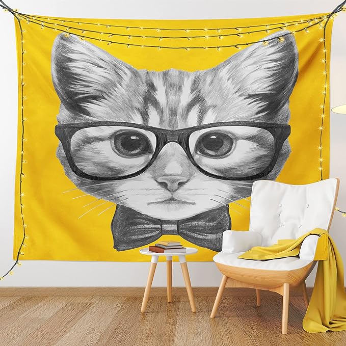 Ambesonne Animal Tapestry, Sketchy Hand Drawn Design Hipster Cat Kitten Glasses Image Print, Wide Wall Hanging for Bedroom Living Room Dorm, 60" X 40", Grey Mustard