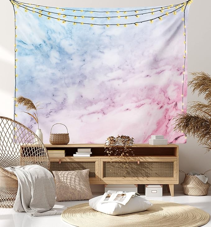 Ambesonne Marble Print Tapestry Twin Size, Pastel Toned Cloudy Crack Lines Stained Antique Shabby Design, Wall Hanging Bedspread Bed Cover Wall Decor, 68" X 88", Pink