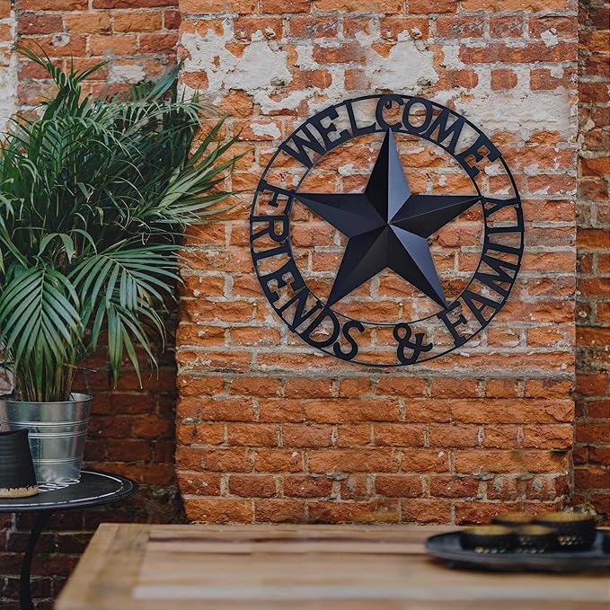 JoyEvy 22" Black Metal Barn Star Welcome Outdoor Wall Sculptures，Metal Star for Outside Wall Hanging,Texas Stars Wall Decor for Rustic Vintage Western Country Farmhouse Primitive House Decoration