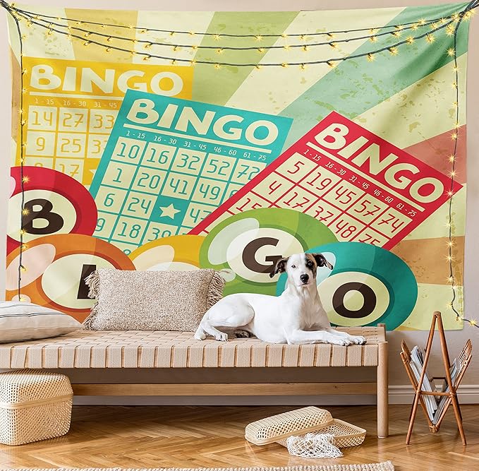 Ambesonne Vintage Tapestry, Bingo Game with Ball and Cards Pop Art Lottery Hobby Celebration Theme, Wall Hanging for Bedroom Living Room Dorm Decor, 40" X 60", Teal Multicolor
