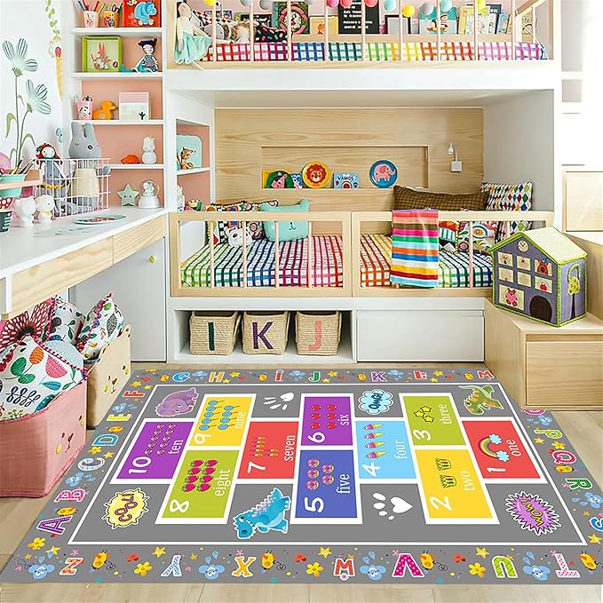 Educational Kids Rug 5x8ft - Alphabet & Numbers Play Mat with Animal Pattern - Non-Slip, Machine Washable Nursery Rug for Toddlers, Playroom & Classroom (Gray)
