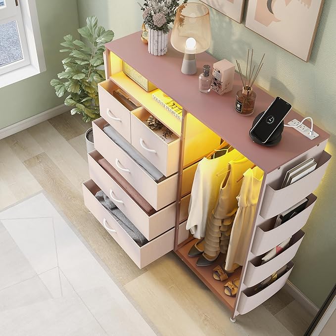 Dresser for Bedroom with Clothes Rack Side Pockets 5 Drawer Dresser with Charging Station LED Lights Black Storage Chest of Drawers for Hallway Closet Sturdy Steel Frame Wood Top (Pink)