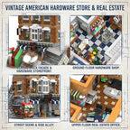 Vintage American Hardware Store Building Blocks, 3-Story Modular Street View with Hot Dog Cart & 7 Figures, 3642 Pieces Adult Building Kit, Collectible City Architecture Model