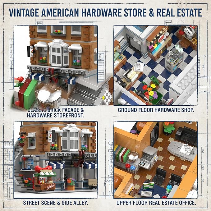 Vintage American Hardware Store Building Blocks, 3-Story Modular Street View with Hot Dog Cart & 7 Figures, 3642 Pieces Adult Building Kit, Collectible City Architecture Model