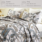 Whale Flotilla Reversible Printed Quilts Queen Size, Extra Soft Boho Paisley Floral Bedspreads for Bed Lightweight Full Queen Quilt Bedding Set Coverlets with 2 Pillow Shams for All Seasons, Bone Grey