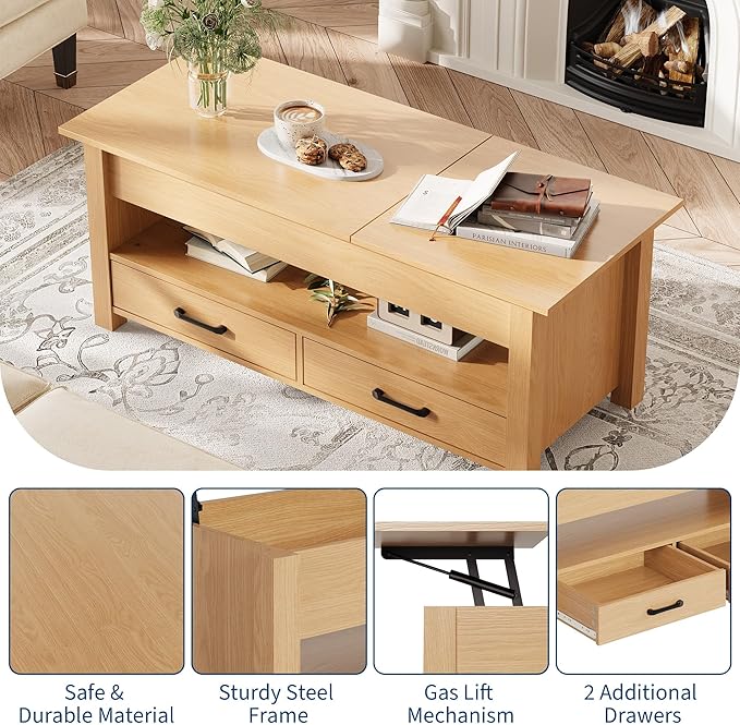 IDEALHOUSE 47.2" Coffee Table with Storage, Multi-Function Lift Top Coffee Table with Wooden Lift Tabletop, 2 Drawers and Hidden Compartment, Central Table for Living Room Home Office, Natural
