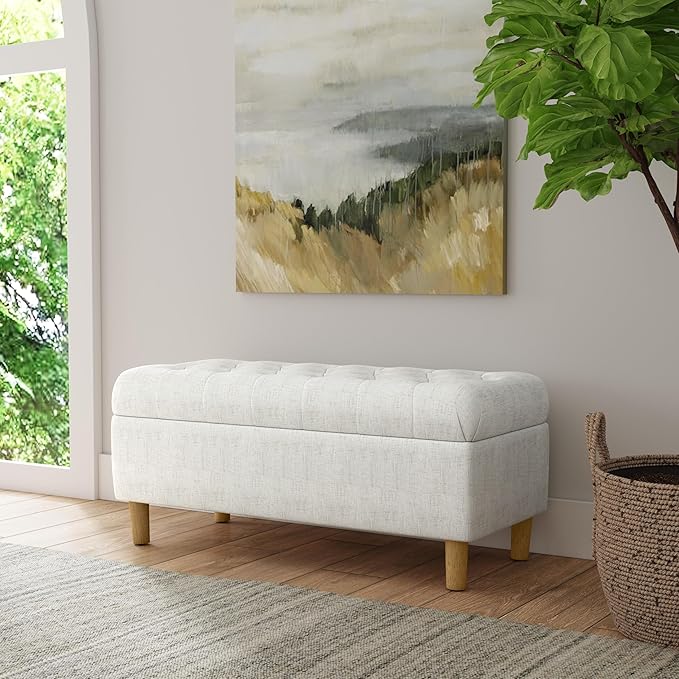Homepop Home Decor | Tufted Ainsley Button Storage Ottoman Bench with Hinged Lid | Ottoman Bench with Storage for Living Room & Bedroom, Cream Textured Solid