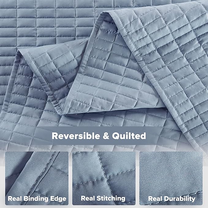 Comfort Spaces Blue Oversized Queen Quilt Set 102"x118" Bedspread Quilted Summer Lightweight Microfiber Bedding Coverlet with Double Sided Stitching Soft All Season Cozy 3 Piece with Matching Shams