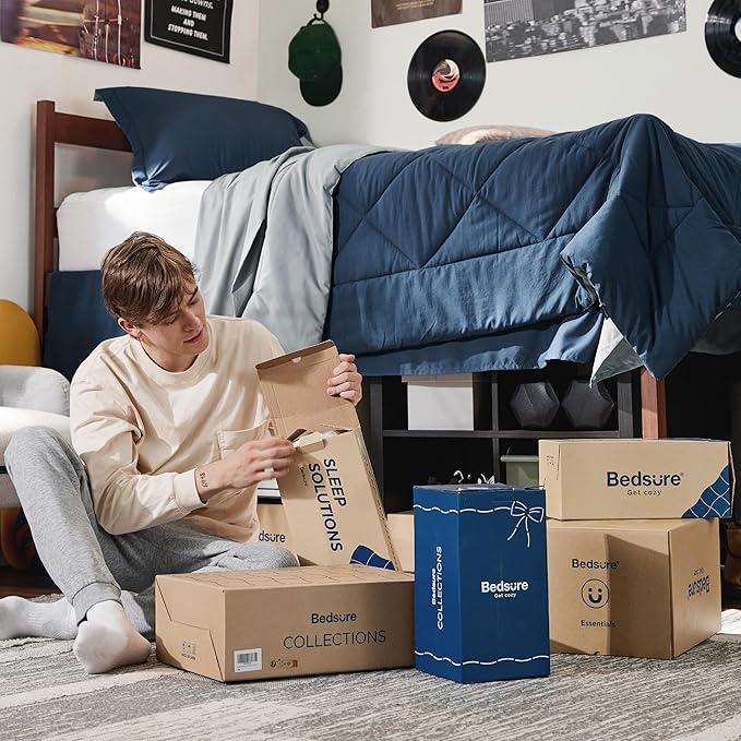 Bedsure Twin XL Comforter Set - 5 Pieces Reversible Navy Bedding, Twin XL Size Bed Set for All Seasons, Bed in a Bag with Down Alternative Comforter, Sheets, Pillowcase & Sham