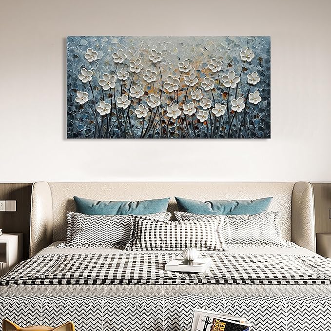 White Flower Canvas Wall Art Painting Hand-Painted Contemporary Art Works Living Room, Bedroom, Dining Room Wall Decoration 24x48 Inch