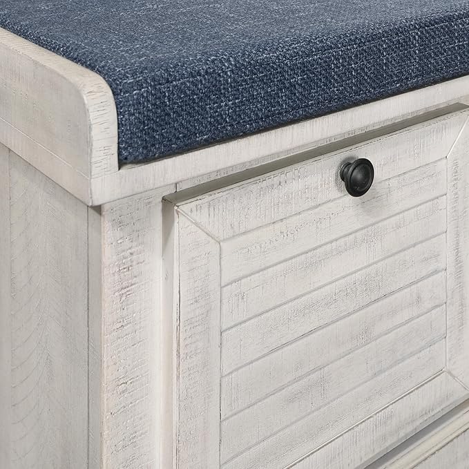 OSP Home Furnishings Dover Coastal Lift-Top Storage Bench with Shutter Face Styling, Distressed White Finish with Navy Fabric Cushion
