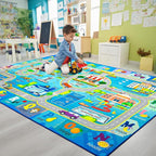 Chicrug 5x8 Car Road Area Rug for Kids Playroom Bedroom, Non Slip Low Pile Washable ABC Alphabet Carpet for Classroom, City Track Play Mat for Toddler Children Nursery Baby Room Decor, Blue