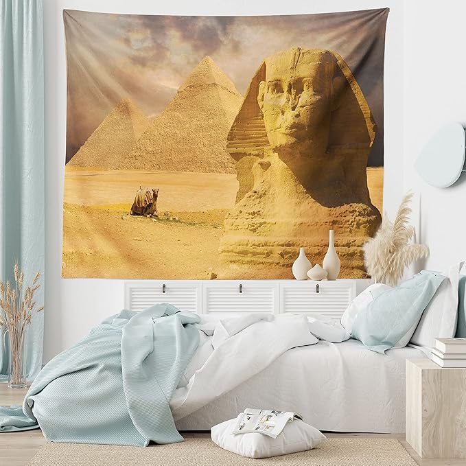 Ambesonne Egyptian Print Tapestry King Size, Sphinx Face Other Pyramids in Egypt Old Historical Monument, Wall Hanging Bedspread Bed Cover Wall Decor, 104" X 88", Amber Sand Brown