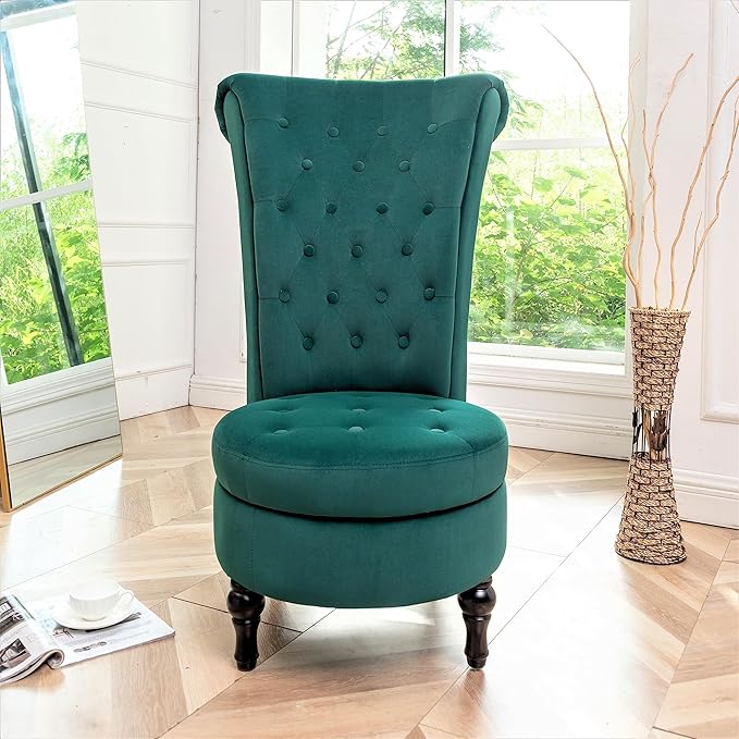 Royal High-Back Velvet Accent Chair for Vanity with Storage and Luxurious Upholstery, Retro Design and Versatile Usage for Living Room, Bedroom, Lounge and Office, Green