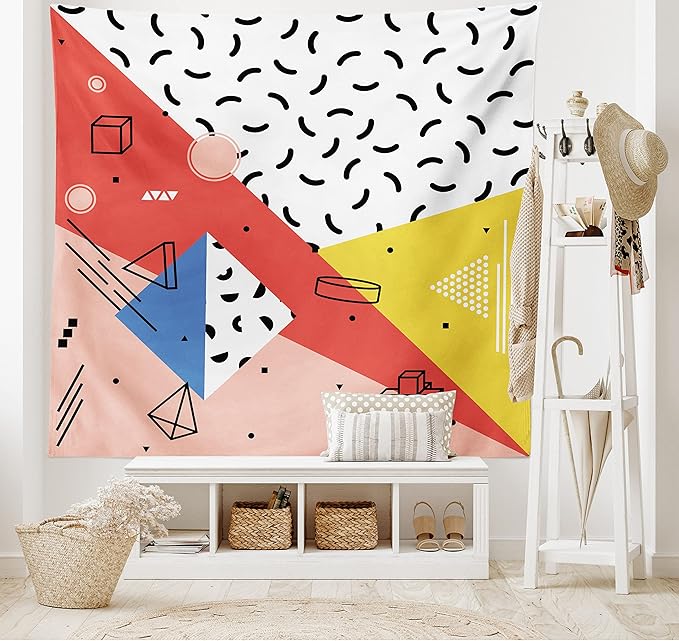 Ambesonne Abstract Tapestry, Modern Geometric Trippy Triangles Cubes Circles Rollers Dots Print, Wide Wall Hanging for Bedroom Living Room Dorm, 80" X 60", Coral Pink