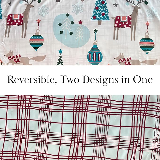 Southshore Fine Living, Inc. King/California King Size Christmas Quilt Set w/2 Pillow Shams, Holiday Bedding Set, 3-Piece Reversible Quilt Set, Cute Trees & Reindeer Over Red Plaid Print