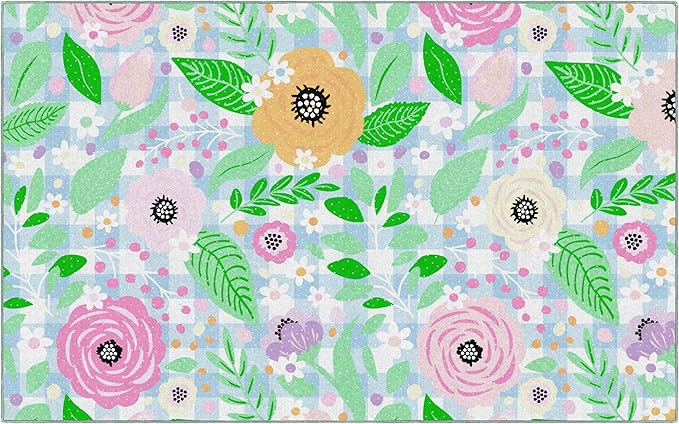 Flagship Carpets Schoolgirl Style Pretty in Pastel Floral On Gingham Educational Area Rug for Kids Room, Children's Classroom Rug for Teaching and Playroom, 7'6" X 12'