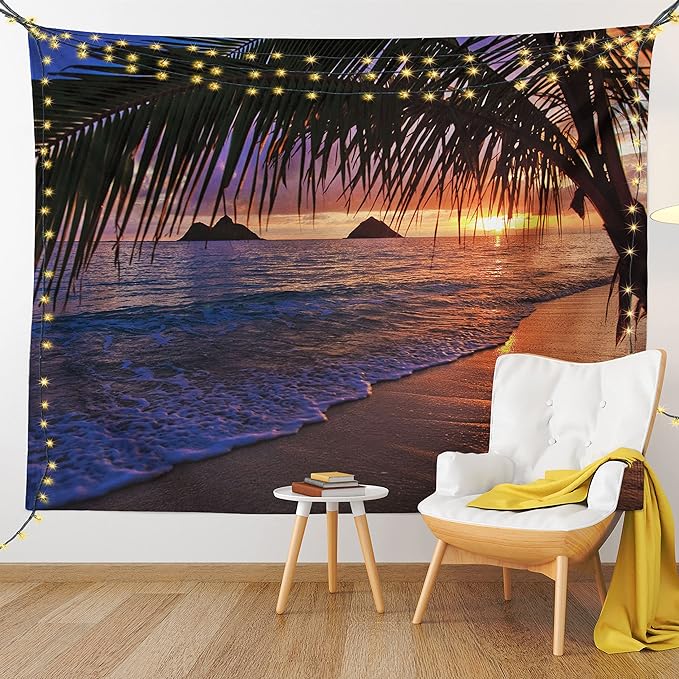 Ambesonne Hawaiian Tapestry Queen Size, Pacific Sunrise at Lanikai Beach Hawaii Sandy Tropics Hills Leaves Landmark, Wall Hanging Bedspread Bed Cover Wall Decor, Queen Size, Umber Purple