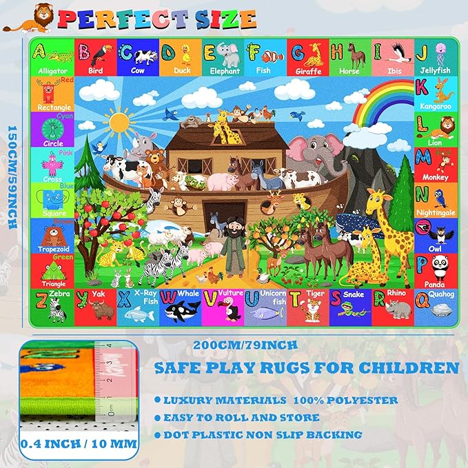 ABC Kids Rug for Playroom 78.7×59 in Noah's Ark Animals Rug Baby Play Mat Alphabet Playmat Shape Color Classroom Carpet Kids Playroom Early Learning Carpet for Preschool Toddlers Tummy Time