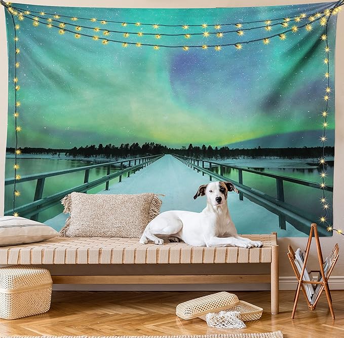 Ambesonne Aurora Borealis Tapestry, Long Mystic Sky over Bridge in Snowy Arctic Frozen River Image, Fabric Wall Hanging Decor for Bedroom Living Room Dorm, 45" X 30", Lime Green Petrol Blue