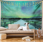Ambesonne Aurora Borealis Tapestry, Long Mystic Sky over Bridge in Snowy Arctic Frozen River Image, Fabric Wall Hanging Decor for Bedroom Living Room Dorm, 45" X 30", Lime Green Petrol Blue